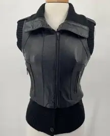 BCBGMAXAZRIA Viggo Lamb Leather Vest Mixed Media Rib Knit Wool Black Womens XS