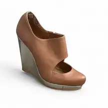 Saks Fifth Avenue 5/48 Salome Leather Silver Wedge Platform Heels Sz 37.5 US 7.5