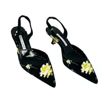 Manolo Blahnik Carolyne 50 Floral Slingback Pumps Black Yellow EU 36.5