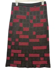 Ming Wang Women's Knit Midi Skirt Black Red Geometric Pattern Textured Size S