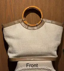 Fossil Straw Woven Purse Tote Handbag w/Circular Bamboo Handles Tan Leather Trim