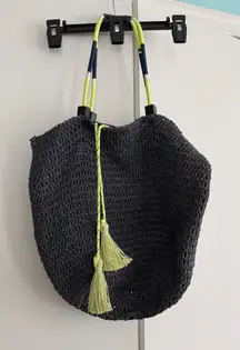 J‎ Crew Woven Tote Bag Gray Raffia Nautical Rope Handles Tassel Accents
