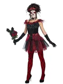 Goddessy‎ Sugar Skull Halloween Costume Dress with Rose Accents & Headband L