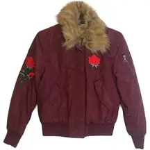 Ultim8‎ Brand burgundy faux fur collar rose appliqué bomber Jacket Juniors Sz S