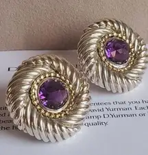 David Yurman Amethyst Cable Earrings in Sterling Silver & 14 K Gold