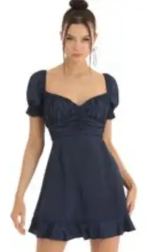 Lucy in the Sky Satin Fit and Flare Puff Sleeve Mini Dress Navy Tie Back XS