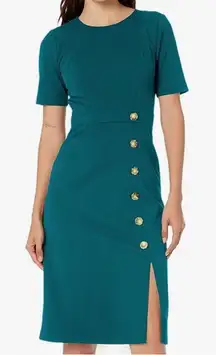 Maggy London NWT Womens Jewel Neck Midi Dress Button Detail Deep Lagoon sz 6 #