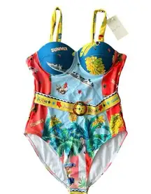 NEW Colorful Unique Orange Blue Bathing Swimsuit Sz L Cruise Vacation Underwire