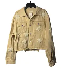 NWT POL Womens Medium Beige Cropped Denim Jacket Pocket Pearl Flower Raw Hem