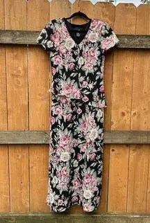 Positive Attitude Maxi Dress Womens 8 Petite Black Pink Roses Garden Flowy Party