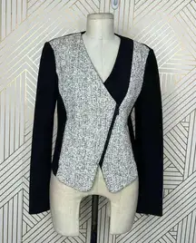 Tibi Asymmetric Tweed Leather-Accented Zip-Up Blazer Jacket Black Gray Size 6