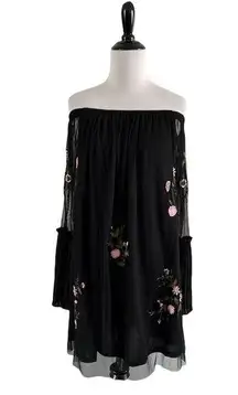 Bongo Y2K Mesh Overlay Embroidered Pleated Bell Sleeve Dress | Black Floral | S