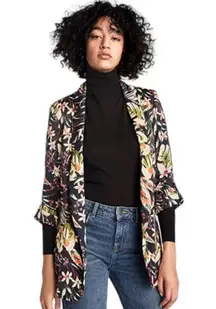 Zara Satin Floral Printed Open Front Long Blazer Jacket Women Green Size XS