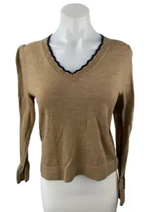 Boden 100% Wool Browm Women's V-Neck Long Sleeve Knit Crop Sweater Top Size M