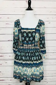 Band of Gypsies Blue Boho Floral & Paisley Dress Size Medium
