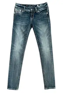Miss Me Y2K Skinny Embellished Medium Wash Saddle Stitch Low Rise Jeans‎ Size 27