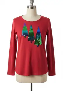 Quacker Factory Top Christmas Tree Sequin Blouse Red Long Sleeve Holiday Size L