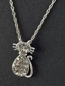 Sterling silver CZ covered Cat pendant necklace.