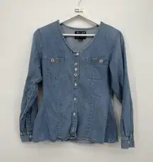 At Last Vintage Blue Cotton Denim Button Front Long Sleeve Top Size Med Floral