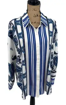 Express Boyfriend Portofino M Blue‎ White Paisley Stripe Button Up Blouse Silky