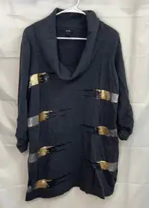 Alfani women's gray knit sequin cowl neck ruched tunic sweater stretch large