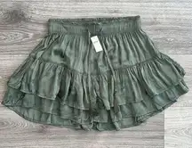 NWT AERIE Tiered Mini Skirt Women Small Silky Satin Green Bohemian Fall Feminine