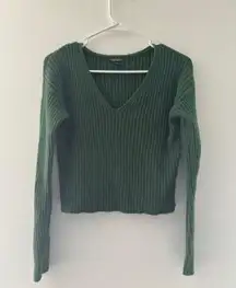 Green Woven V Neck Sweater