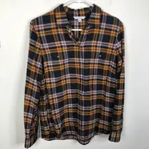 LL Bean Signature Women's Blue Orange Plaid Cotton Button Down Shirt Size 6