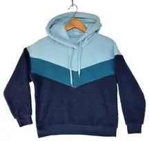 Retro 70s Vibe XL Colorblock Blue Chevron Pullover Sweatshirt Hooded Textured