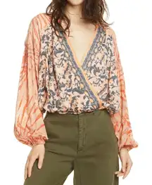 Free People Cruising Together Printed Faux Wrap Cropped Shirt Size XS Boho