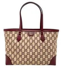 Gucci  New Ophidia Medium Leather And Raffia Shopping Tote GG Logo Handbag