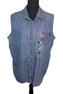Vintage Looney Tunes Tweety Bird Denim Sleeveless Shirt | 90s Cartoon Tee