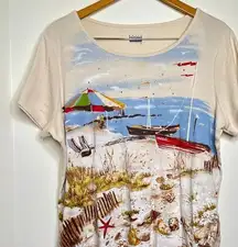 Basic Editions Beach Theme Shirt Top Women’s 1X Short Sleeves Boats Shells Ocean