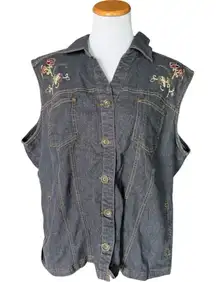 Womens Erika Woman Plus Size Embroidered Denim Jean Sleeveless Top Blouse Sz 2X