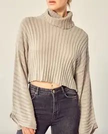 By Together Tan Ribbed Batwing Turtleneck Cropped Boho Casual Sweater Size L
