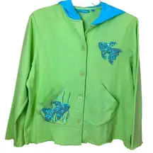 Cotton Connection Blue Aqua Chartreuse Sequined Fish Button up Hoodie