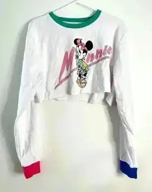 Disney Minnie Mouse Sz XL Women’s Cropped Long Sleeves Shirt White Blue‎ Pink