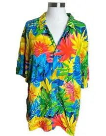 Jams World  Hawaiian Shirt Womes XL Colorful Leaf Print Hi Low Button Down