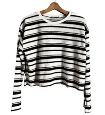 ZARA Crop Rustic Sweater Striped Long Sleeve Cotton White Black Crew Neck Medium
