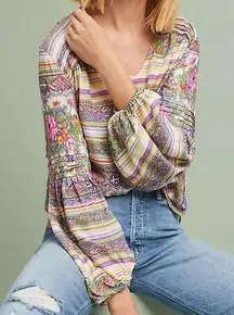 Anthropologie Maeve Ceresco Peasant Boho Top Floral Blouse long sleeve pink v