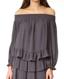 LoveShackFancy Blouse Women's Medium Gray Silk Off the Shoulder Ruffle Cuff