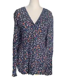 Blue Floral V-Neck Long Sleeve Casual Lightweight Blouse