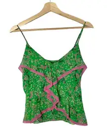 BCBGMaxAzria Lime Green & Pink Y2K Silk Ruffle Cami Tank Top S