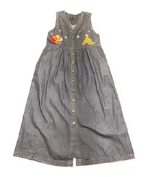 Vintage Christmas Holiday Party Dress Denim Embroidered Santa Tree Sz Petite Med