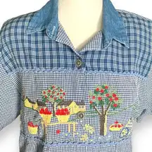 Vintage Teddi Shirt Blue Gingham Embroidered Apple Floral Ric Rac Short Sleeve