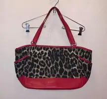 Park Ocelot Leopard Print Canvas Red Leather Trim Shoulder Tote Bag