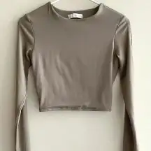 Klesis Taupe Cropped Long-Sleeve Top with Cutouts on Sleeves, Size S