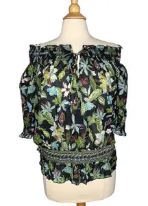 Tory Burch Fantasia Floral Print Off Shoulder Smocked‎ Top Boho Women Size 4