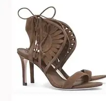 Tory Burch  Leyla Laser Cut Heeled Suede Sandal River Rock Taupe