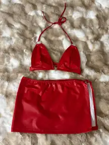 Red Halter Bikini Top and Skirt Set